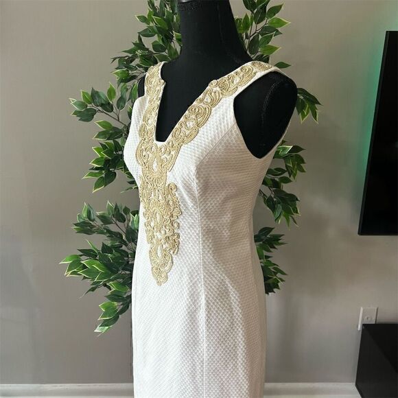 Lilly Pulitzer Suzette Shift Dress White Gold Braid Trim Knee Length Women's - Picture 2 of 7